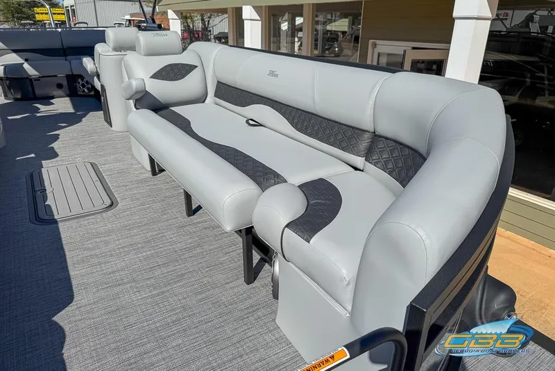 Slide: The Image of Luxurious seating on 2026 JC 25 Neptoon LG pontoon boat, featuring elegant gray upholstery. - 36