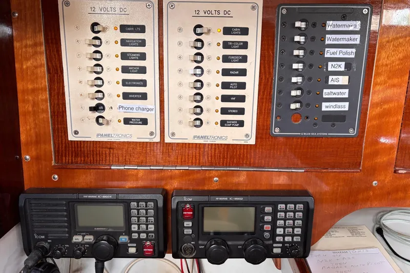 Slide: The Image of Electrical panel and radio equipment on a 1993 J Boats J/130 sailboat. - 21