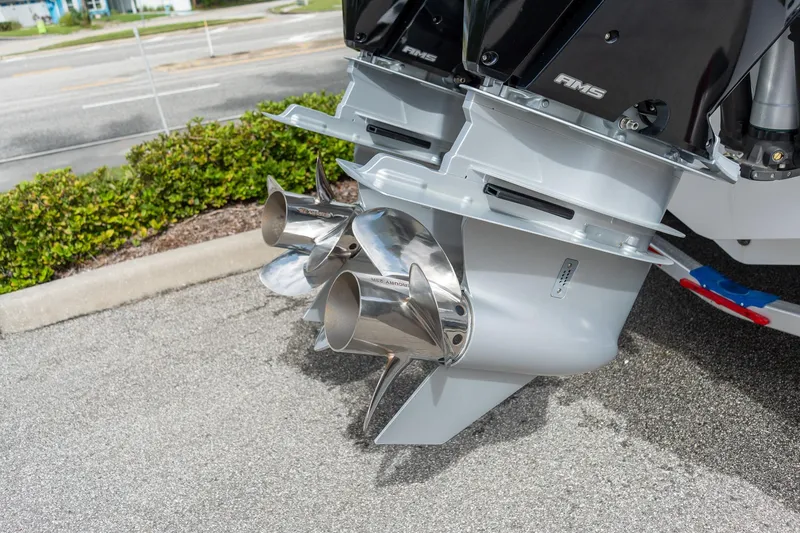 Slide: The Image of 2025 Sportsman Open 322 Center Console boat propellers on display. - 16