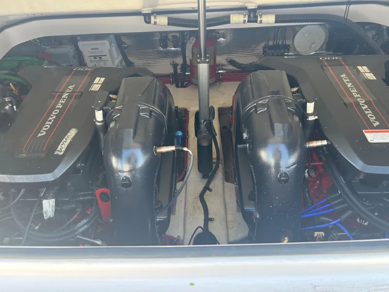 Slide: The Image of 2013 Regal 3200 Bowrider engine compartment with dual Volvo Penta engines. - 24