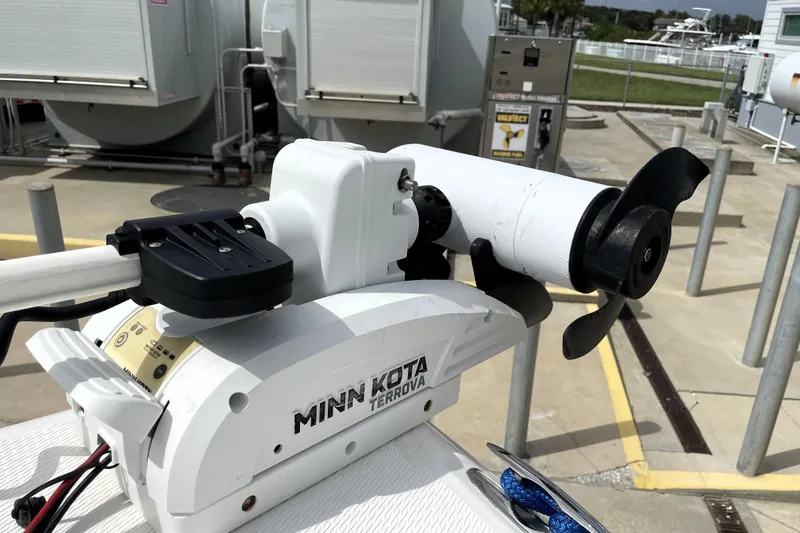 Slide: The Image of Minn Kota Terrova motor on 2019 Blue Wave 2800 Pure Hybrid boat at dock. - 24