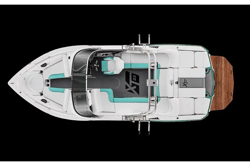 Slide: The Image of Manufacturer Provided Image: 2020 MasterCraft XT23 boat, top view, white and teal interior, black background. - 73