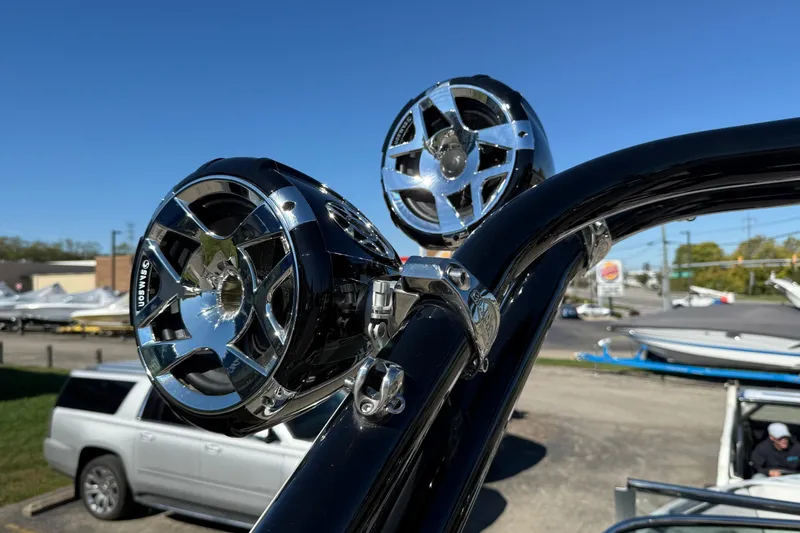 Slide: The Image of 2023 Crownline 240 SS SURF boat speakers mounted on a sleek black frame. - 20