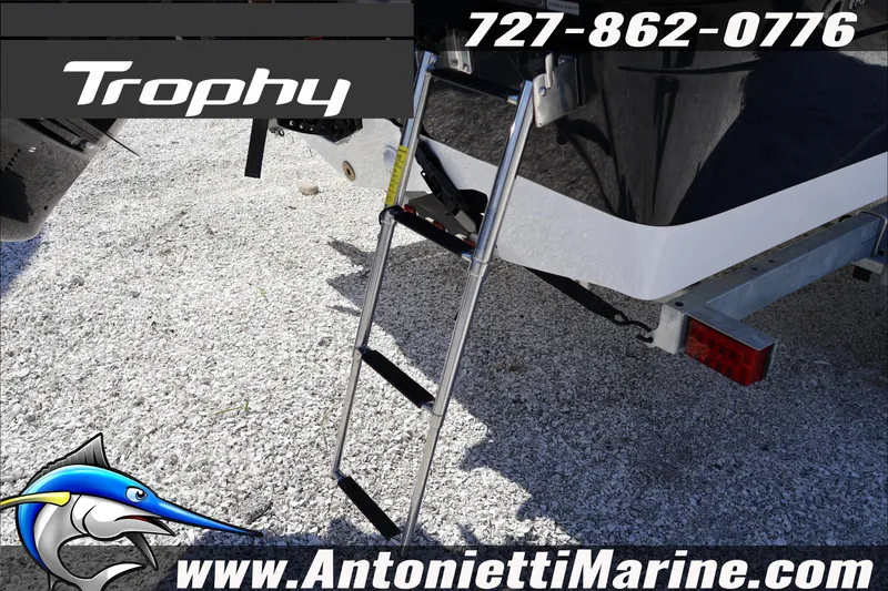 Slide: The Image of Trophy T18 Bay boat with ladder, contact info, and Antonietti Marine website. - 11