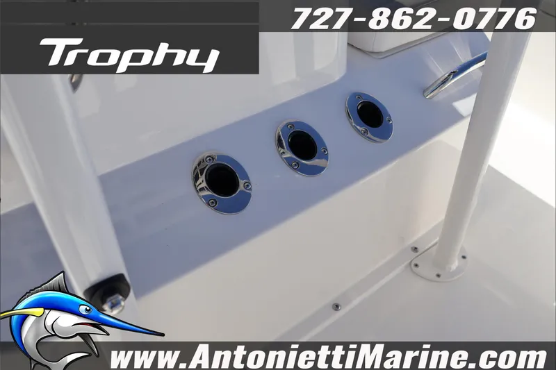 Slide: The Image of 2026 Trophy T18 Bay boat deck with rod holders, Antonietti Marine branding. - 16