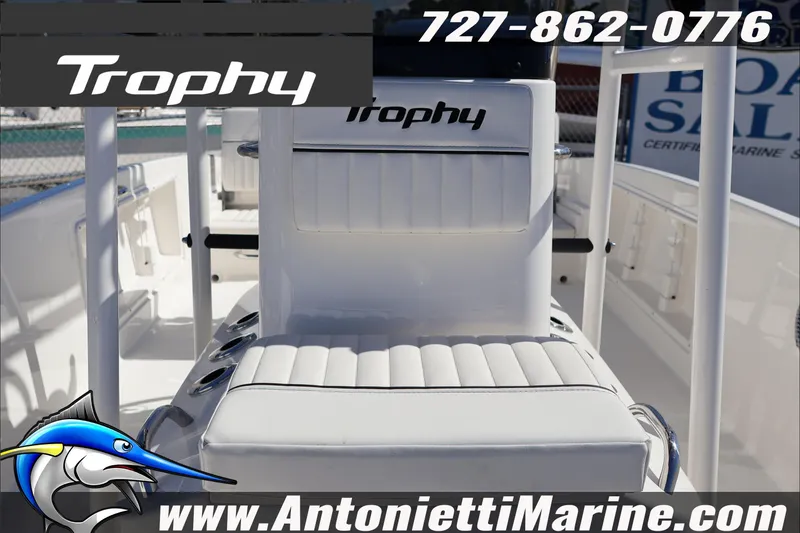 Slide: The Image of 2026 Trophy T18 Bay boat interior with seating, logo, and contact details for Antonietti Marine. - 19