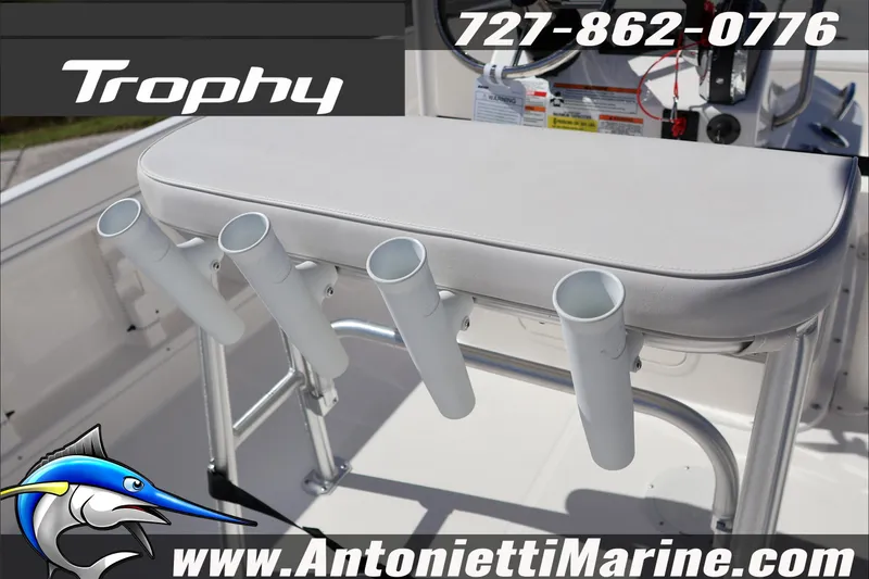 Slide: The Image of Trophy T18 Bay 2026 boat seat with rod holders, Antonietti Marine branding. - 24