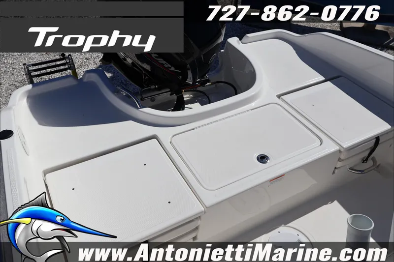 Slide: The Image of 2026 Trophy T18 Bay boat deck with storage compartments, displayed by Antonietti Marine. - 27