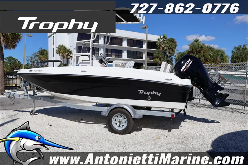 Slide: The Image of 2026 Trophy T18 Bay boat with Mercury engine on trailer at Antonietti Marine. - 4