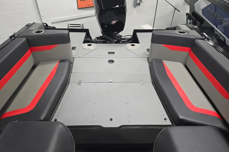 Slide: The Image of 2026 Princecraft Sport 175 boat interior with gray and red seating, showcasing modern design. - 8