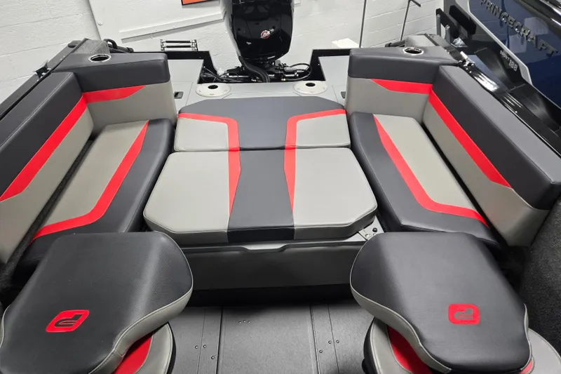 Slide: The Image of 2026 Princecraft Sport 175 boat interior with red and gray seating, modern design. - 9