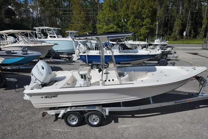 Slide: The Image of 2026 Bulls Bay 2200 boat on trailer, surrounded by other boats in a dealership lot. - 1