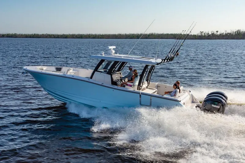 Slide: The Image of 2026 Robalo R360 Center Console boat seating with modern design and comfortable upholstery. - 3