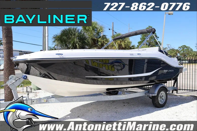 The Image of 2026 Bayliner D20 boat on trailer at Antonietti Marine dealership. - 1