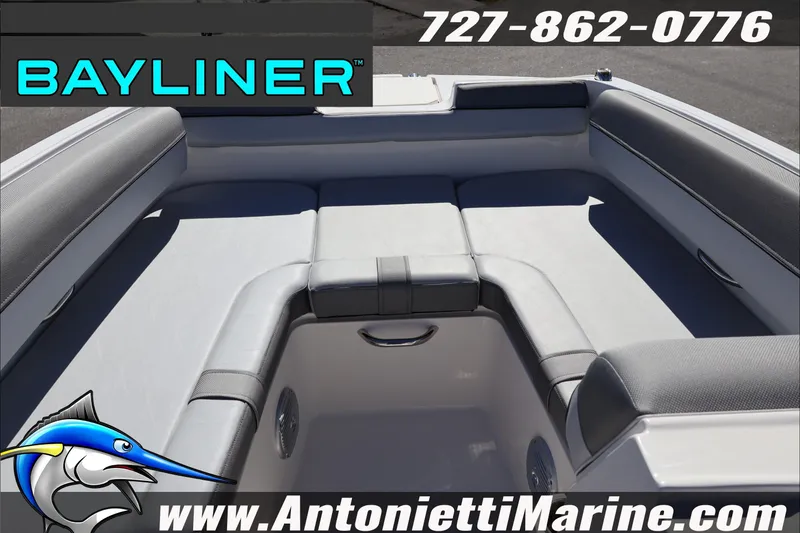 Slide: The Image of Bayliner D20 2026 boat interior with gray seating, Antonietti Marine branding. - 13