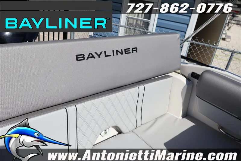 Slide: The Image of 2026 Bayliner D20 boat interior with logo and contact details. - 15