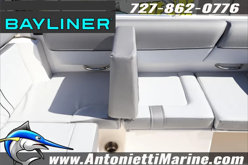 Slide: The Image of 2026 Bayliner D20 boat interior with gray seating, Antonietti Marine branding. - 16