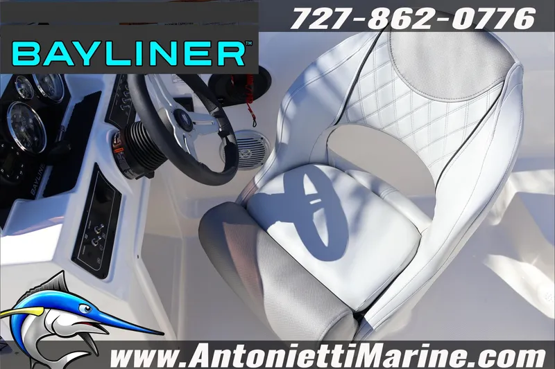 Slide: The Image of 2026 Bayliner D20 boat interior with steering wheel and seat, Antonietti Marine contact details. - 20