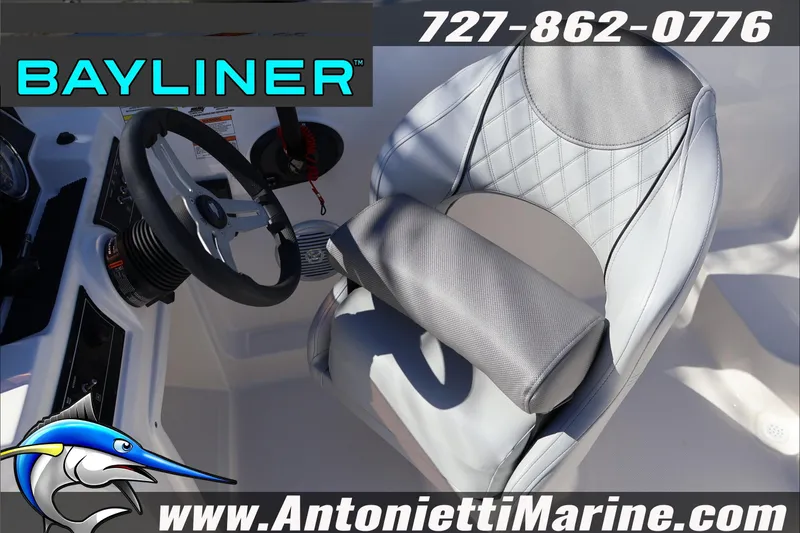 Slide: The Image of 2026 Bayliner D20 boat interior with steering wheel and seat, Antonietti Marine branding. - 21