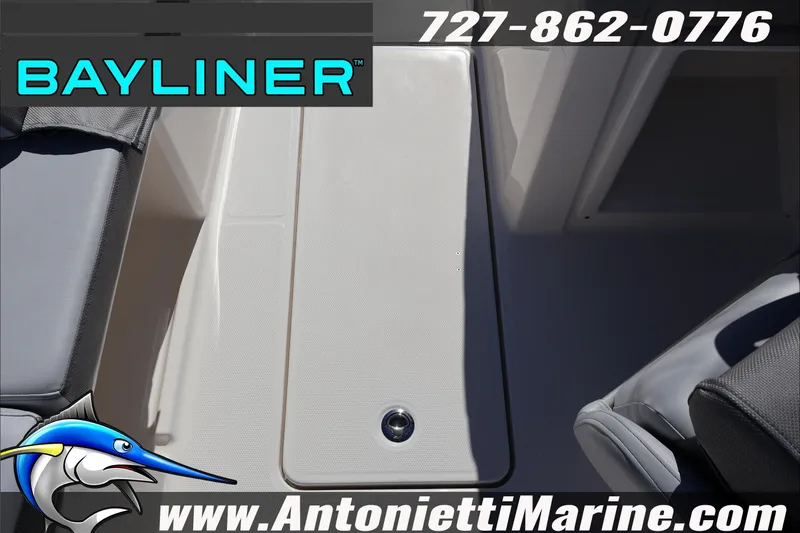 Slide: The Image of 2026 Bayliner D20 boat interior with seating, logo, and contact information. - 23