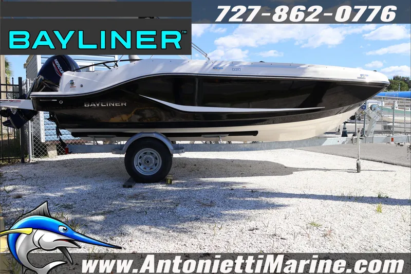 Slide: The Image of 2026 Bayliner D20 boat on trailer at Antonietti Marine dealership. - 3