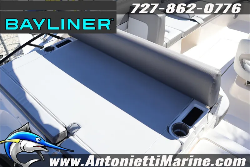 Slide: The Image of 2026 Bayliner D20 boat interior with seating and cup holders, featured by Antonietti Marine. - 9