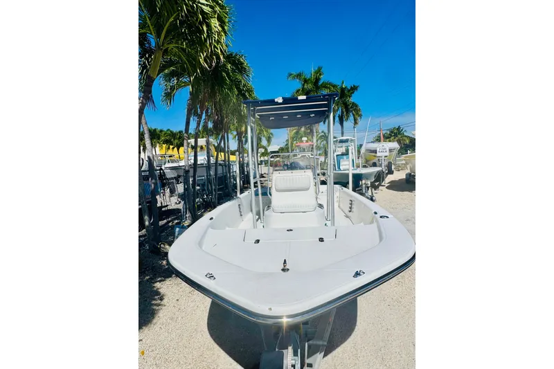 Slide: The Image of 2014 Frontier 180 boat displayed outdoors with palm trees in the background. - 3