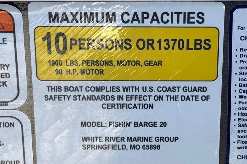 Slide: The Image of 2024 Sun Tracker Fishin' Barge 20 DLX capacity label, 10 persons or 1370 lbs. - 29
