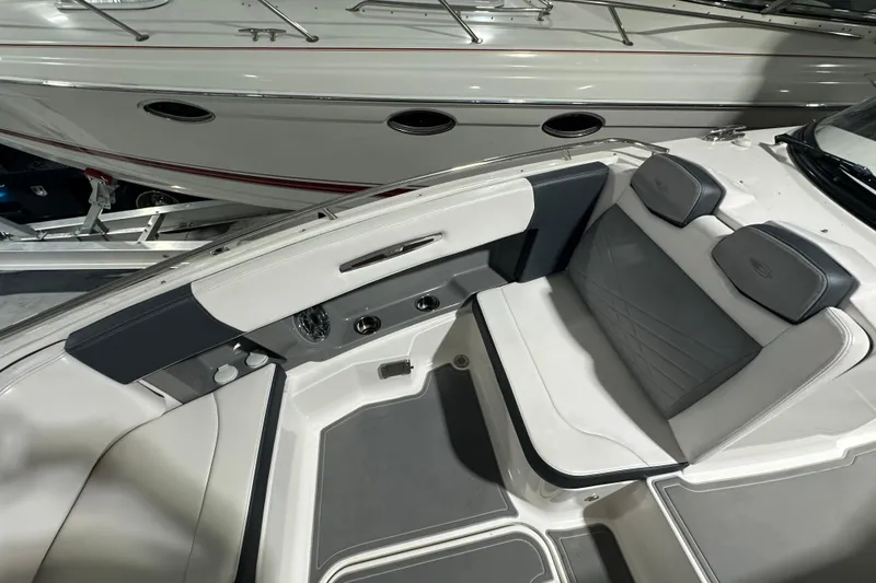 Slide: The Image of 2021 Chaparral 347 SSX boat interior with luxurious seating and modern design. - 28