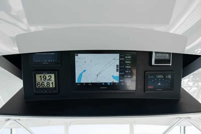 Slide: The Image of 2025 Viking 64 Convertible yacht dashboard with Garmin navigation displays. - 10