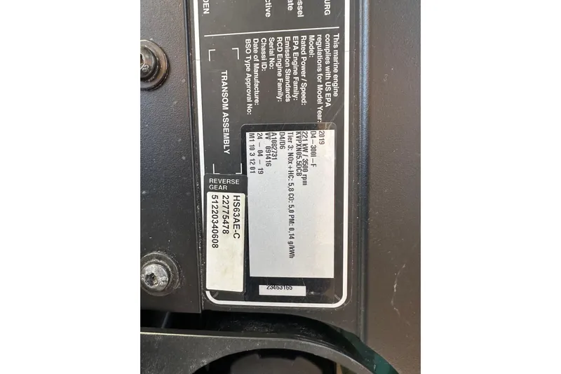 Slide: The Image of Label on Ranger Tugs R-29, 2020 model, showing engine specifications and compliance details. - 45