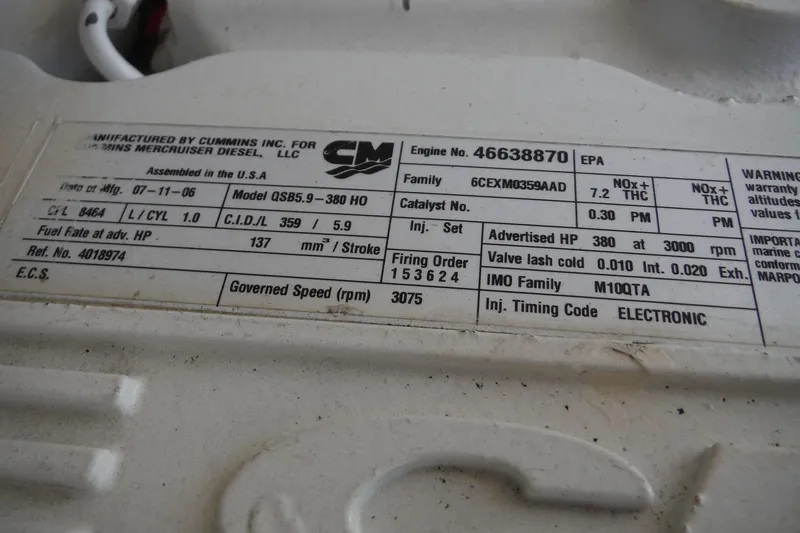 Slide: The Image of Engine specifications label for a 2007 Tiara Yachts 3600 Open, featuring Cummins QSB5.9-380 HO. - 45