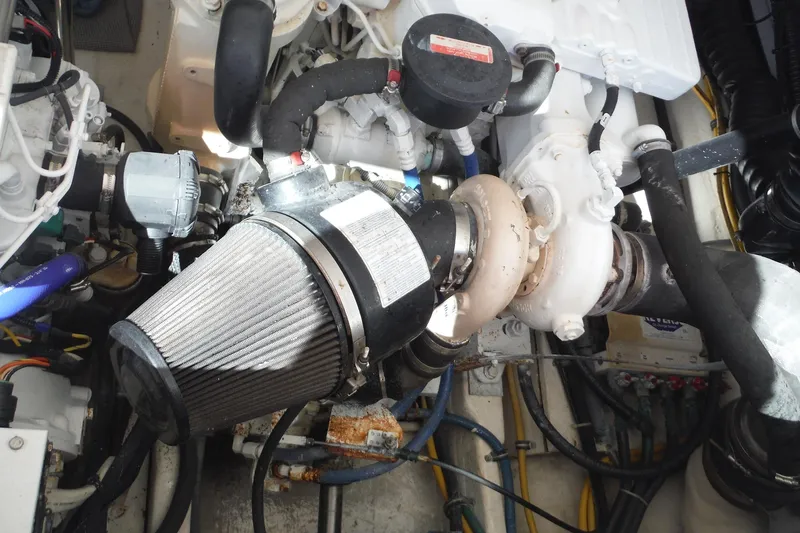 Slide: The Image of Engine compartment of a 2007 Tiara Yachts 3600 Open, showcasing mechanical components. - 50