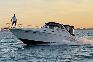 The Image of 1996 Sea Ray 330 Sundancer cruising at sunset with a person on deck. - 1