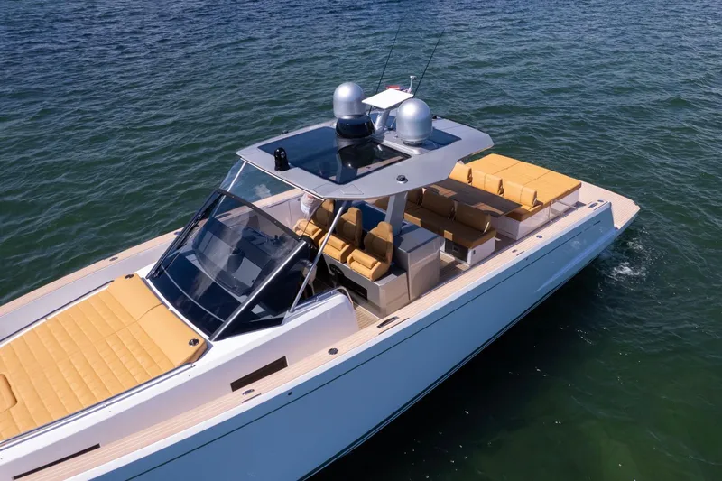 Slide: The Image of 2023 Pardo Yachts 43 cruising on open water, featuring sleek design and luxury seating. - 10