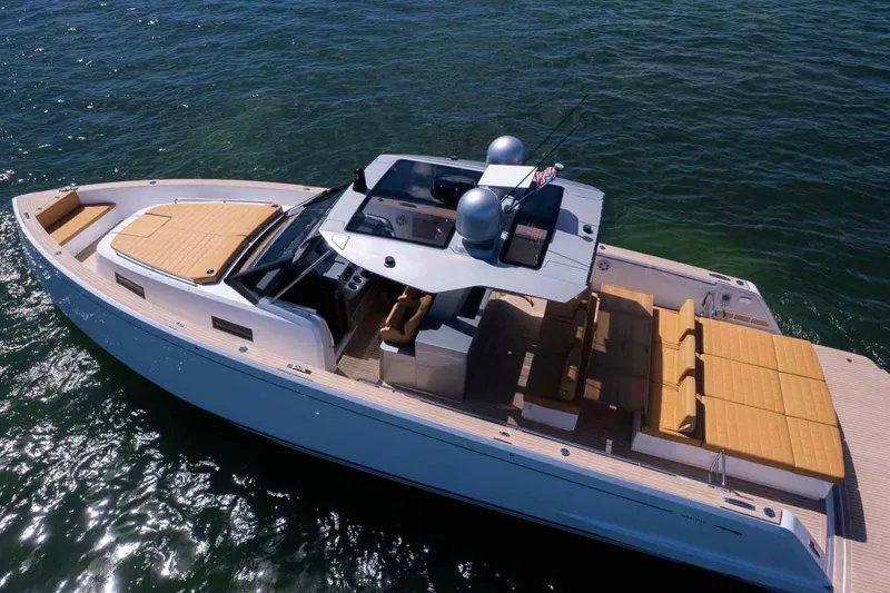 Slide: The Image of 2023 Pardo Yachts 43 luxury yacht on water, featuring spacious deck and modern design. - 12