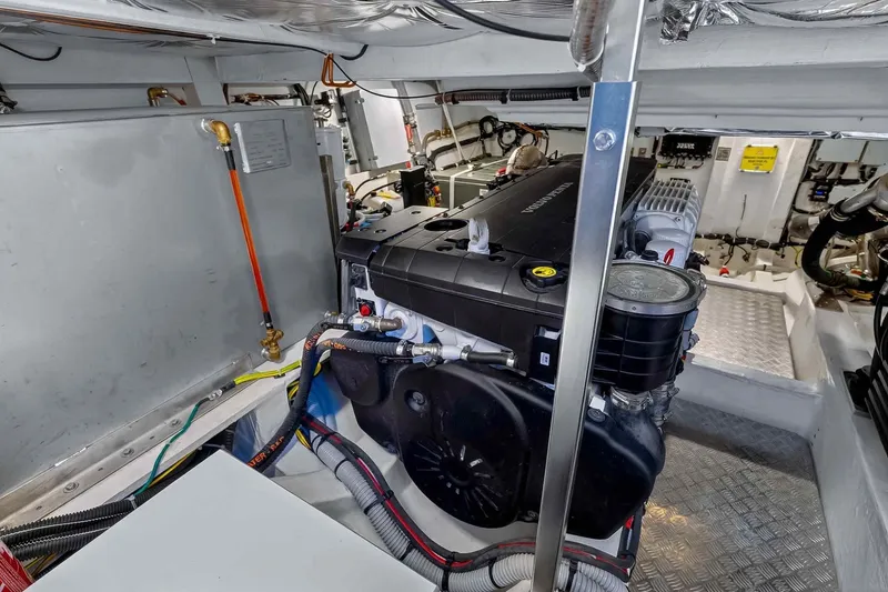Slide: The Image of Engine room of 2023 Pardo Yachts 43, showcasing modern marine engine and components. - 55