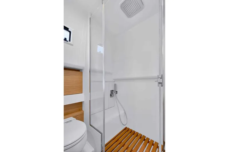 Slide: The Image of Modern bathroom in 2023 Pardo Yachts 43, featuring sleek shower and wooden accents. - 50