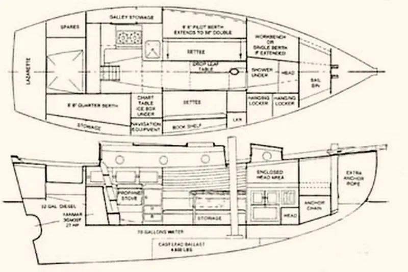 Slide: The Image of 1978 Bristol Channel Cutter 28 interior layout diagram with labeled sections and features. - 16