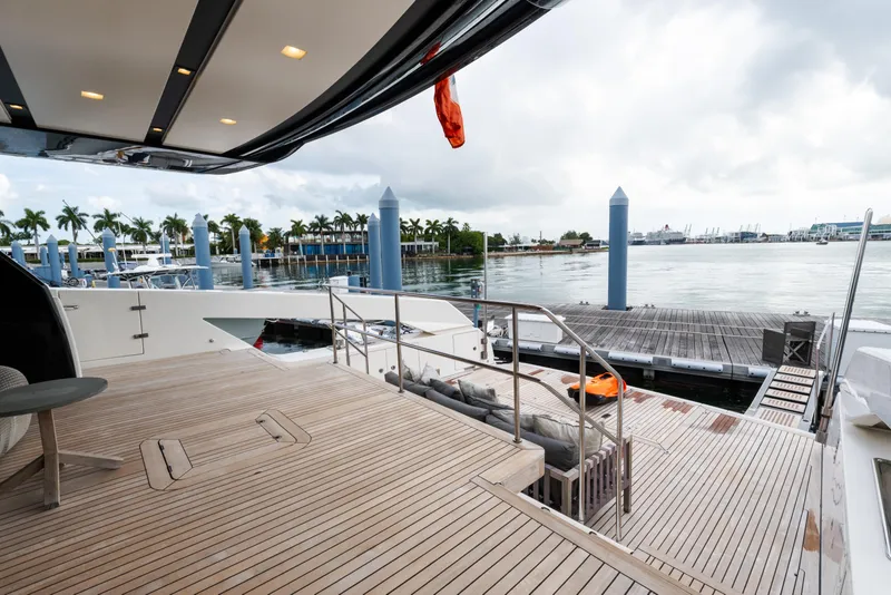 Slide: The Image of Luxurious 2019 Sanlorenzo SX76 yacht deck with stylish seating and waterfront view. - 25