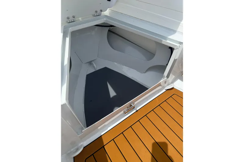Slide: The Image of 2026 East Marine 390 LUXURY inflatable boat with outboard motor, top view. - 10