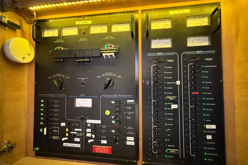 Slide: The Image of Electrical control panel of a 1991 Californian 55 Cockpit Motor Yacht, featuring various switches and meters. - 70