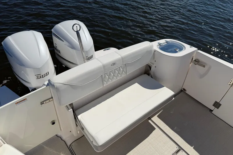 Slide: The Image of 2021 Regal 33 SAV boat with Yamaha engines and comfortable seating. - 19