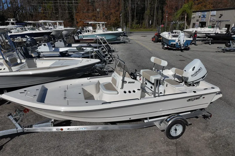 Slide: The Image of 2025 Bulls Bay 2000 boat on trailer, displayed in a marina with other boats. - 5