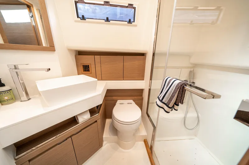 Slide: The Image of Luxurious bathroom in 2023 Pardo Yachts 43, featuring modern fixtures and elegant design. - 26