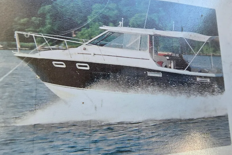 The Image of 1984 Bayliner 2802 Trophy boat cruising on a lake with lush green background. - 1
