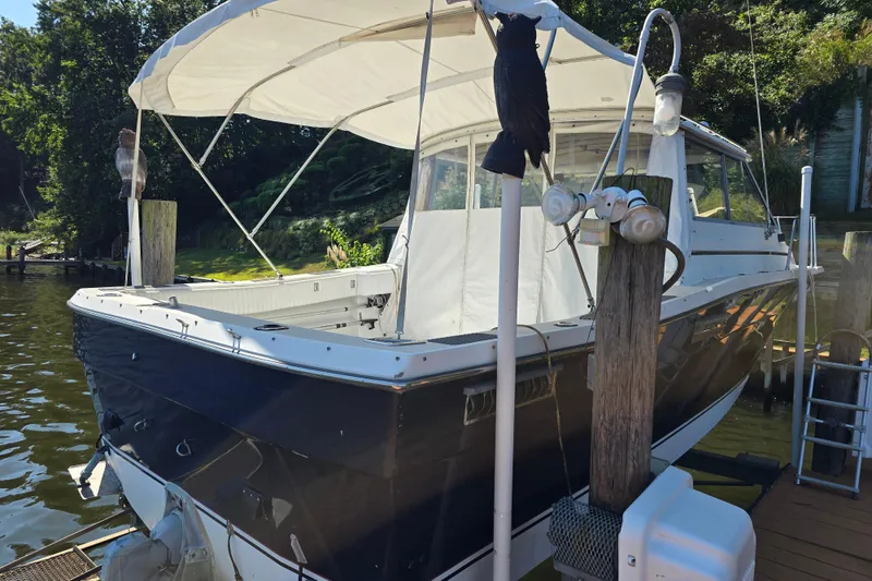 Slide: The Image of 1984 Bayliner 2802 Trophy boat docked, featuring a white canopy and scenic background. - 2