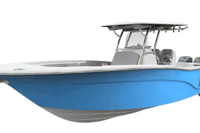 Slide: The Image of 2022 Sea Fox 288 Commander boat with blue hull and T-top, side view. - 12