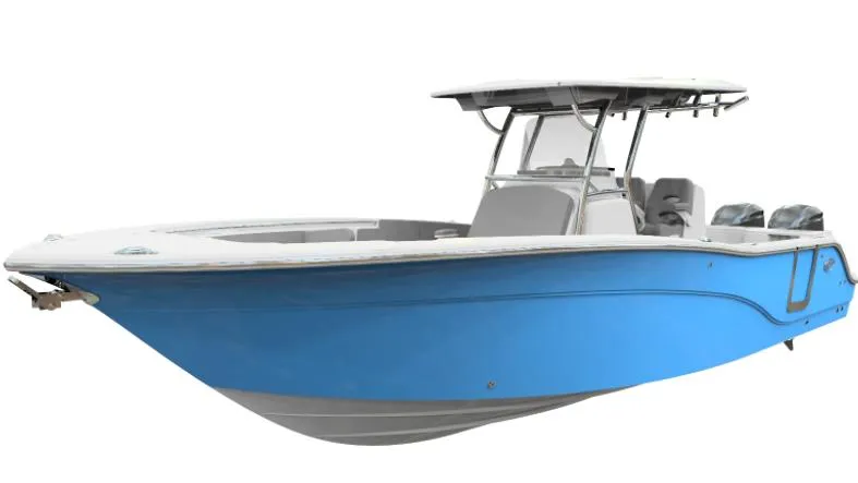Slide: The Image of 2022 Sea Fox 288 Commander boat with blue hull and dual engines. - 2