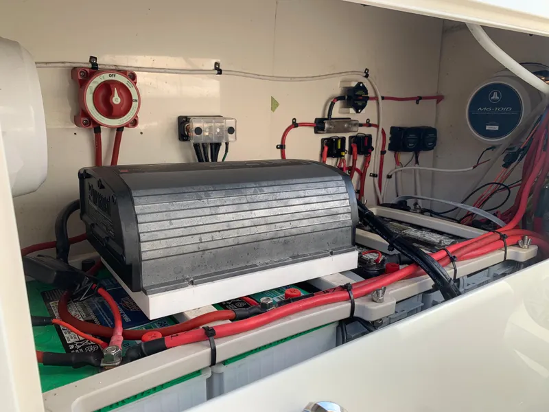 Slide: The Image of 2016 Key West 351 Billistic boat electrical system and battery compartment. - 20